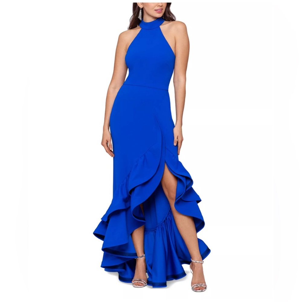 Worn once - gorgeous ruffle formal stretch gown high slit